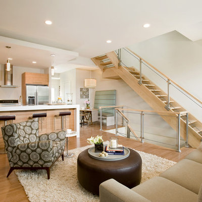 Trendy open concept living room photo in Boston with white walls