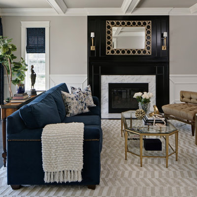 Example of a large transitional formal and open concept dark wood floor and brown floor living room design in Chicago with beige walls, a standard fireplace and a stone fireplace