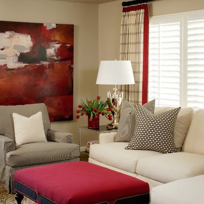 Example of a mid-sized trendy open concept carpeted living room design in Little Rock with beige walls