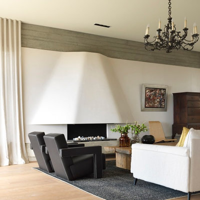 Example of a large trendy medium tone wood floor living room design in Sydney with white walls and a ribbon fireplace