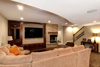 Mid-sized elegant formal and open concept carpeted living room photo in Denver with beige walls, a corner fireplace, a stone fireplace and a media wall
