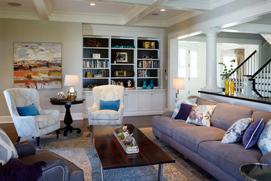 Living room - transitional dark wood floor and brown floor living room idea in Chicago with beige walls