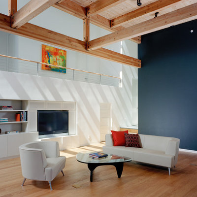 Living room - mid-sized modern open concept light wood floor living room idea in San Francisco with blue walls and a media wall