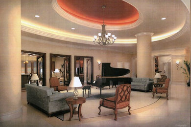Modelo de salón para visitas clásico grande sin chimenea y televisor con paredes beige y suelo de travertino