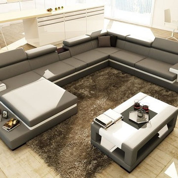 Gray and White Bonded Leather Sectional Sofa with Coffee Table
