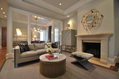 Example of a mid-sized minimalist formal and enclosed medium tone wood floor and brown floor living room design in DC Metro with gray walls, a standard fireplace and a stone fireplace
