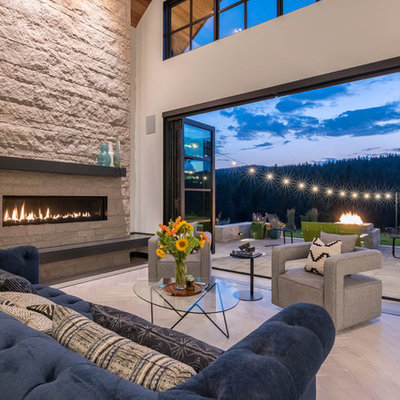 Trendy beige floor living room photo in San Francisco with white walls, a ribbon fireplace and a stone fireplace
