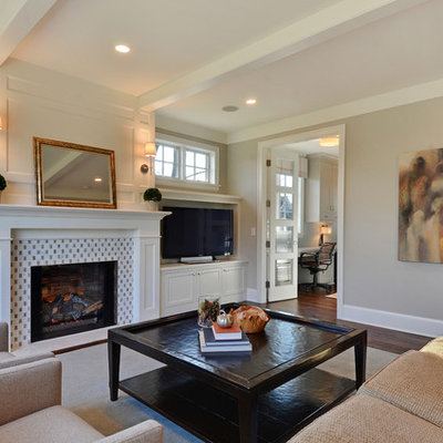 Trendy living room photo in Minneapolis with gray walls and a tile fireplace