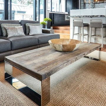 Great room with Reclaimed Wood and Chrome Coffee Table