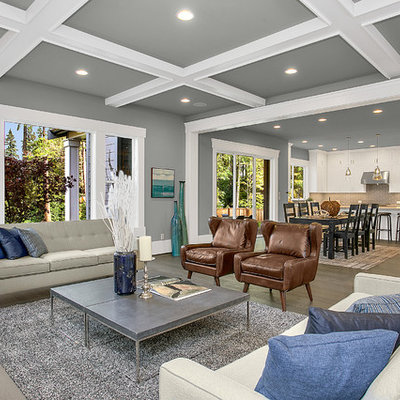 Transitional formal and open concept dark wood floor living room photo in Seattle with gray walls