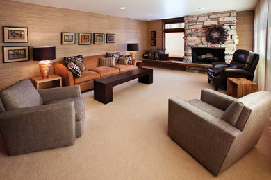Design ideas for a midcentury living room in Other with carpet, a standard fireplace and a stone fireplace surround.