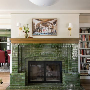 Green-tiled fireplace in Living Room of a historic Craftsman residence in Santa