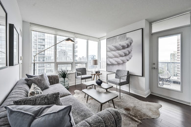 Mittelgroßes, Abgetrenntes, Fernseherloses Modernes Wohnzimmer ohne Kamin mit grauer Wandfarbe, Laminat und braunem Boden in Toronto