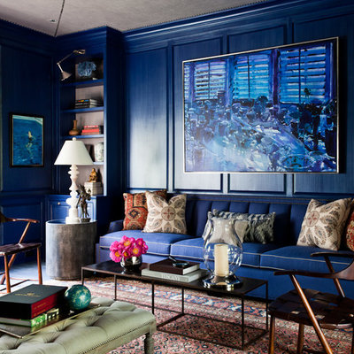 Living room - eclectic formal living room idea in New York with blue walls