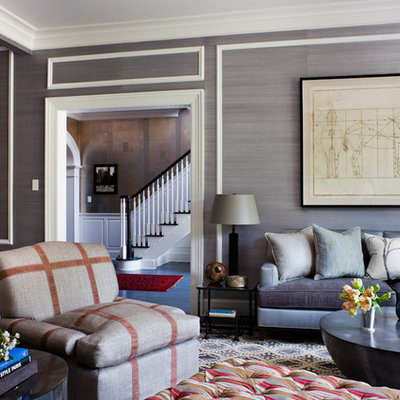 Transitional formal and enclosed blue floor living room photo in New York with gray walls