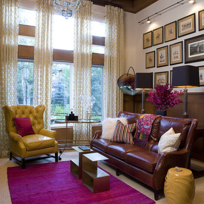 Living room - traditional medium tone wood floor living room idea in Denver with white walls