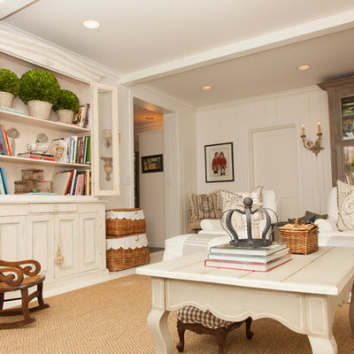 Living room - shabby-chic style enclosed living room idea in Portland with white walls