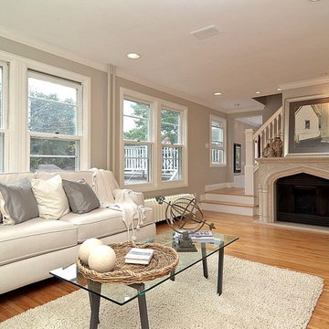 Grey/Gray And White Living Room With Marble Fireplace
