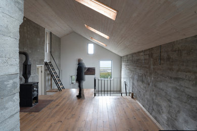 Imagen de salón abierto escandinavo grande con paredes grises, suelo de madera en tonos medios, estufa de leña, marco de chimenea de hormigón y suelo marrón