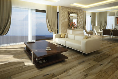 Imagen de salón abierto moderno de tamaño medio con paredes beige y suelo de madera en tonos medios