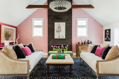Inspiration for a mid-sized eclectic formal and enclosed light wood floor living room remodel in Boston with multicolored walls, a standard fireplace, a metal fireplace and no tv