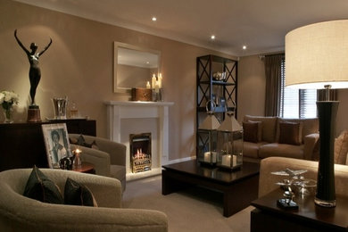 Design ideas for a large contemporary formal enclosed living room in Essex with carpet, a standard fireplace, a stone fireplace surround and no tv.