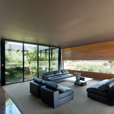 Large minimalist open concept carpeted living room photo in Melbourne with no fireplace and no tv