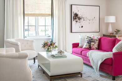 Example of a mid-sized minimalist medium tone wood floor living room design in Richmond with white walls