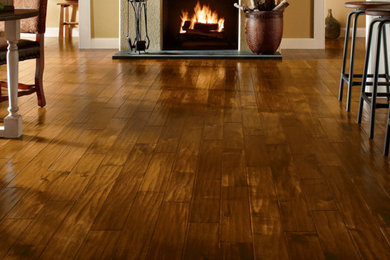 Living room - mid-sized transitional formal and open concept medium tone wood floor living room idea in San Diego with brown walls, a standard fireplace, a plaster fireplace and no tv