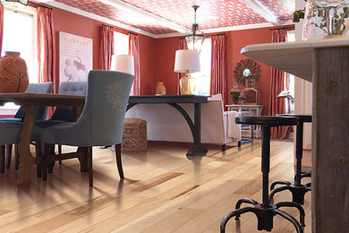 Cette image montre un salon avec un mur rouge et parquet clair.