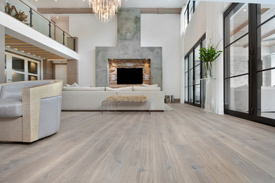Living room - mid-sized modern open concept light wood floor living room idea in Los Angeles with white walls, a standard fireplace and a concrete fireplace