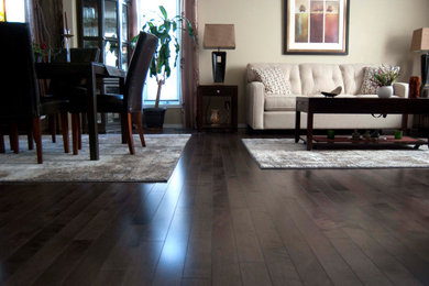 Ejemplo de salón minimalista con suelo de madera oscura y suelo marrón