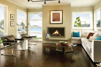 Inspiration for a mid-sized transitional formal and open concept dark wood floor living room remodel in Other with beige walls, a standard fireplace, a plaster fireplace and no tv
