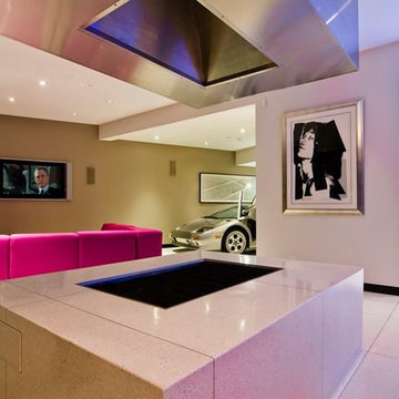 Harold Way Hollywood Hills modern home living room with glass wall luxury car ga