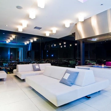 Harold Way Hollywood Hills modern living room with custom fireplace