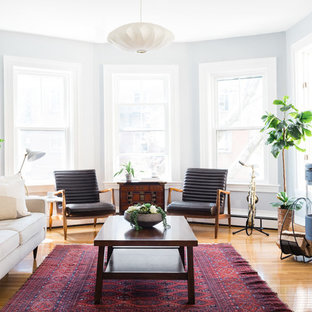 Living room - scandinavian light wood floor and beige floor living room idea in Boston with white walls and a wood stove