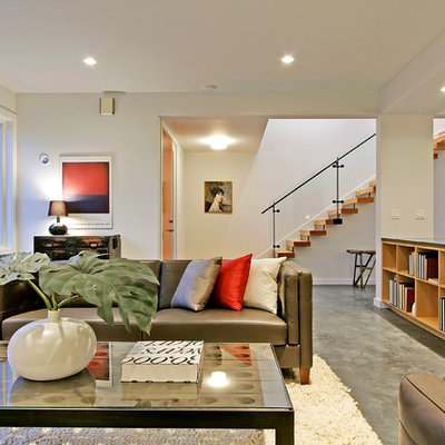 Living room - contemporary formal concrete floor and gray floor living room idea in Seattle with white walls, no fireplace and no tv