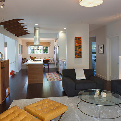 Inspiration for a contemporary open concept dark wood floor living room remodel in San Francisco with white walls