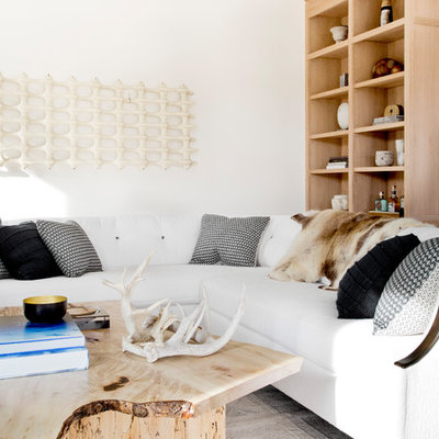Living room - large scandinavian enclosed gray floor and light wood floor living room idea in New York with white walls, a standard fireplace and a stone fireplace