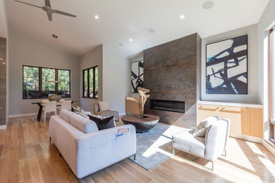 Example of a mid-sized trendy formal and open concept light wood floor and beige floor living room design in Orange County with gray walls, a ribbon fireplace, a metal fireplace and no tv