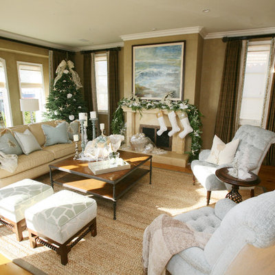 Living room - large traditional living room idea in Los Angeles with beige walls and a standard fireplace