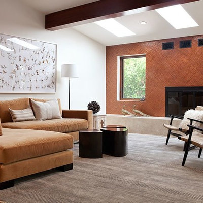 Living room - contemporary living room idea in San Francisco with orange walls, a standard fireplace and a metal fireplace