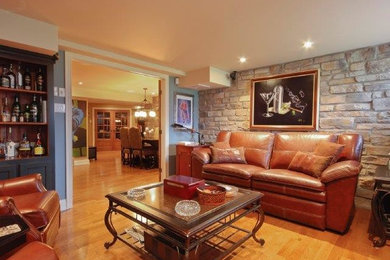Living room - large traditional formal and enclosed light wood floor and beige floor living room idea in Montreal with no tv, gray walls and no fireplace