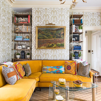 Inspiration for an eclectic formal and enclosed carpeted and multicolored floor living room remodel in New York with multicolored walls