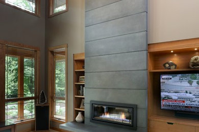 グランドラピッズにあるラグジュアリーなコンテンポラリースタイルのおしゃれなリビング (カーペット敷き、標準型暖炉、コンクリートの暖炉まわり) の写真
