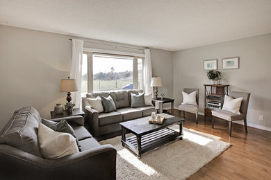 Example of a mid-sized transitional formal and open concept medium tone wood floor and brown floor living room design in Toronto with gray walls and no fireplace