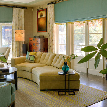 Hollywood Living Room in Yellow and teal colors with custom Ombre rug