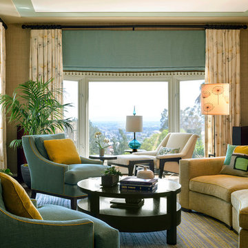 Hollywood Living Room in Yellow and teal colors with custom Ombre rug