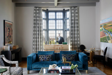 Huge minimalist formal medium tone wood floor and brown floor living room photo in San Francisco with gray walls