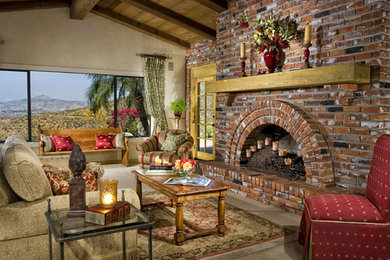 Living room - rustic living room idea in San Diego with a brick fireplace